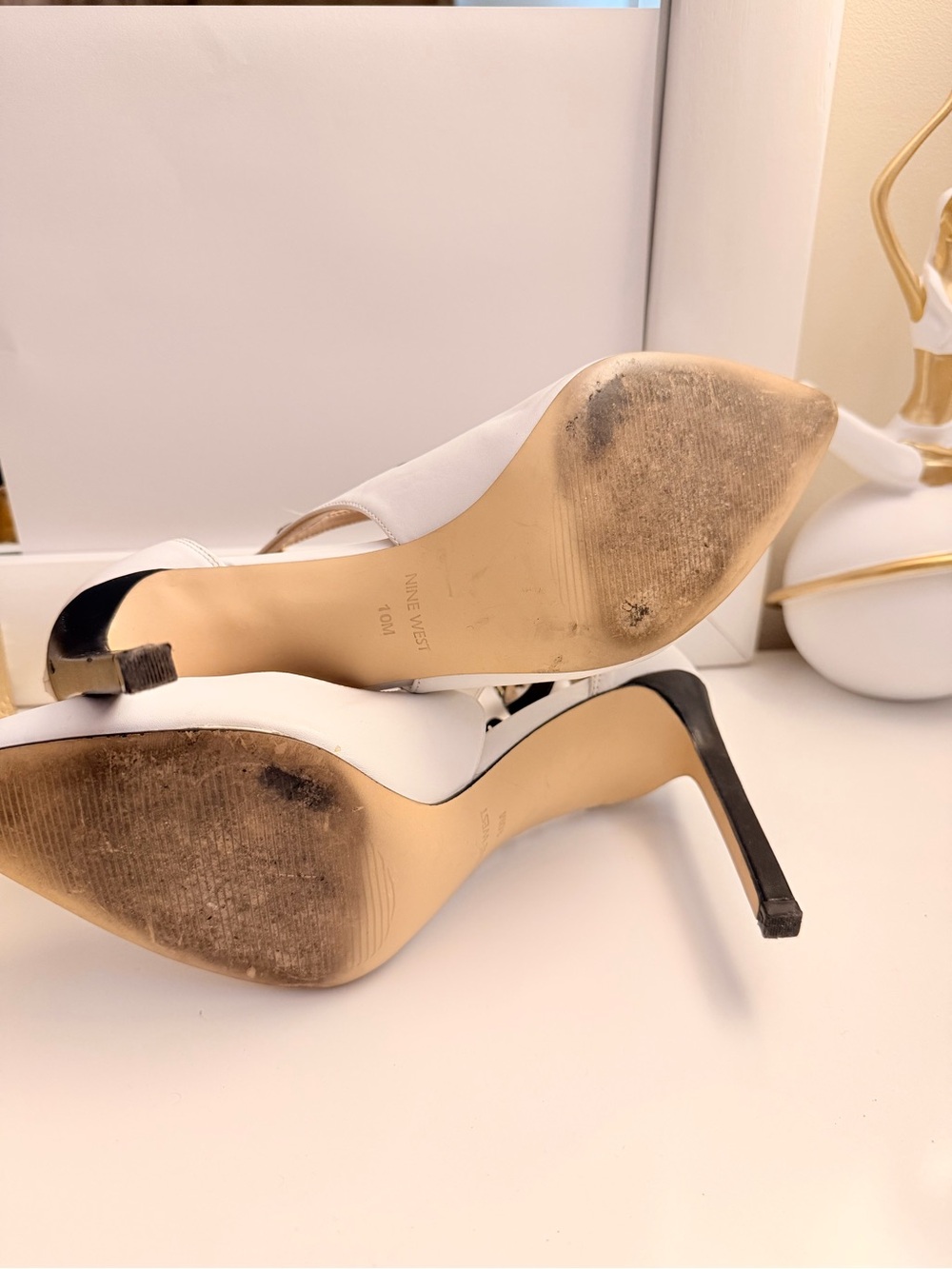 Nine West White Pointed Toe Heels with Black Triple Straps - Picture 6 of 6